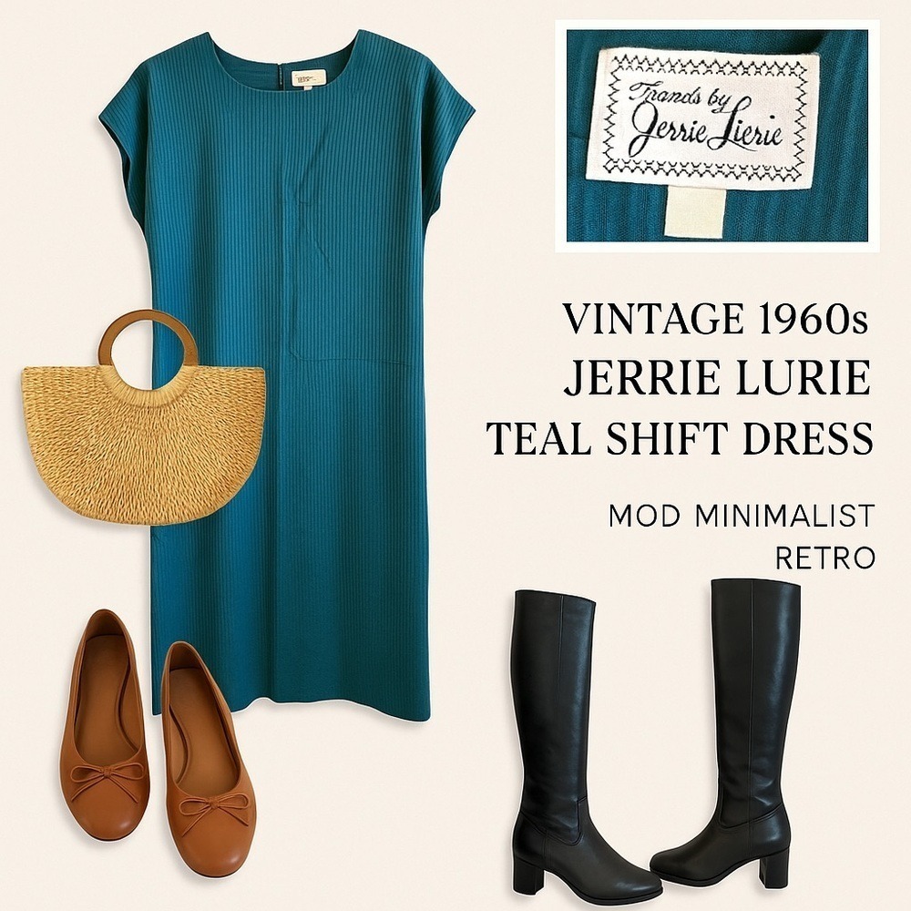 Vintage 1960s Jerrie‎ Lurie Teal Shift Dress | Mod Minimalist Retro L-XL 🇺🇸